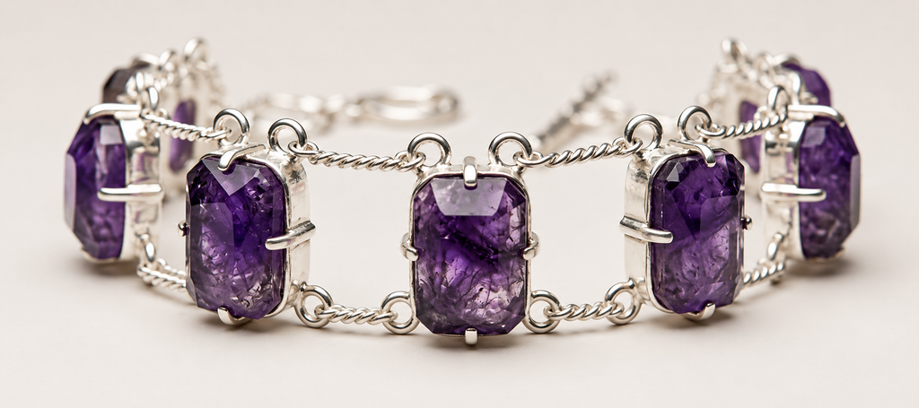 Natural Amethyst Bracelet 925 Sterling Silver, Raw Purple Gemstone Bracelet, Handmade Crystal Jewelry, February Birthstone Gift