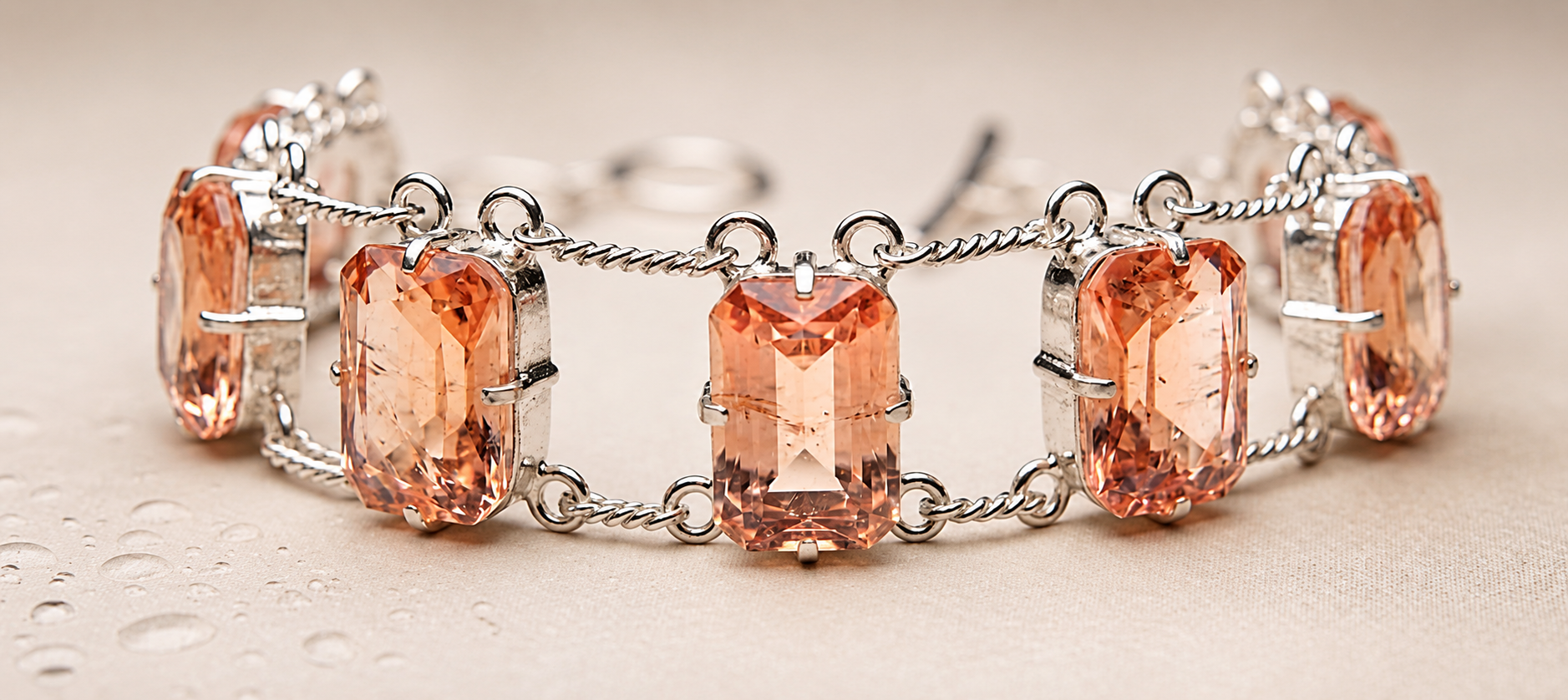 Peach Morganite Bracelet, 925 Sterling Silver Bracelet, Emerald Cut Gemstone Bracelet, Handmade Bridal Jewelry, Gift for Her