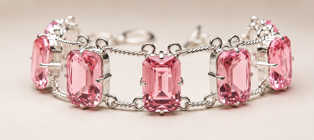 Pink Sapphire Tennis Bracelet, Sterling Silver Bracelet, Emerald Cut Pink Gemstone Bracelet, Handmade Jewelry Gift for Women