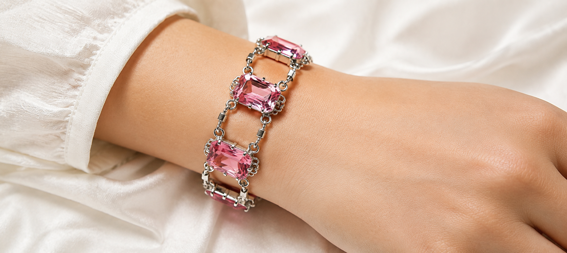 Pink Sapphire Tennis Bracelet, Sterling Silver Bracelet, Emerald Cut Pink Gemstone Bracelet, Handmade Jewelry Gift for Women