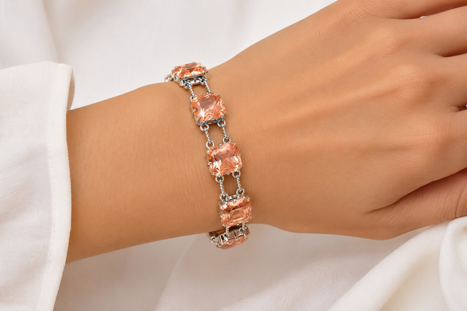 Peach Morganite Bracelet, 925 Sterling Silver Bracelet, Emerald Cut Gemstone Bracelet, Handmade Bridal Jewelry, Gift for Her