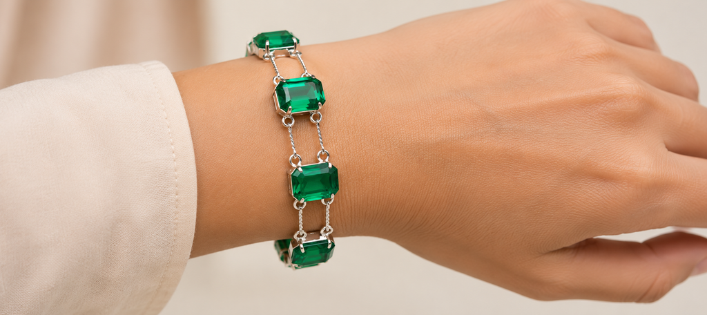 Emerald Green Gemstone Bracelet 925 Sterling Silver Bracelet | Emerald Cut Tennis Bracelet | Handmade Gift for Women | May Birthstone Jewelry