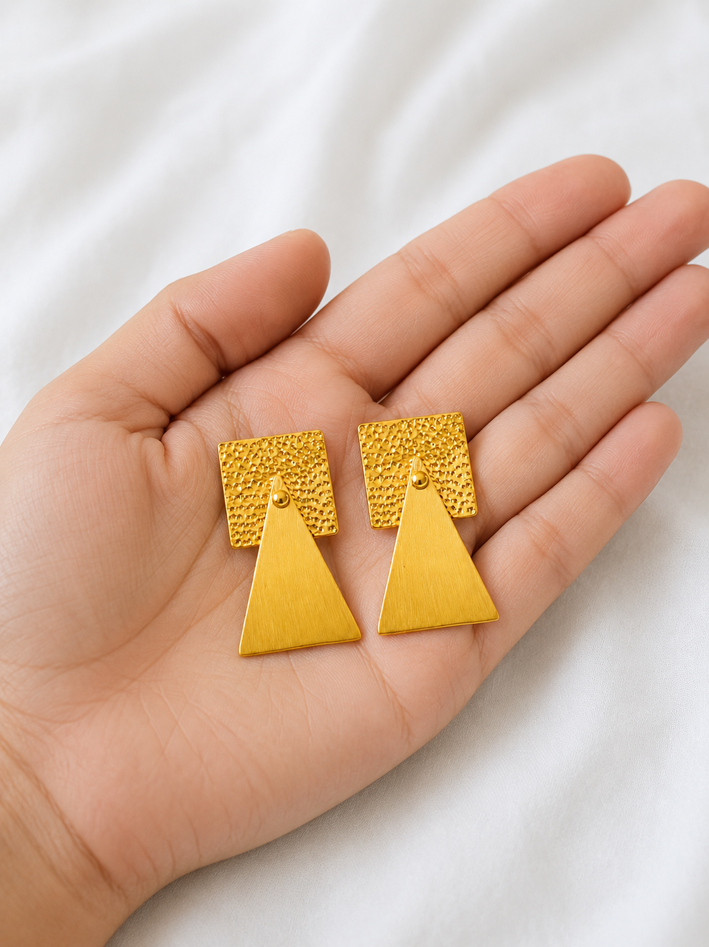 Minimalist Geometric Gold Earrings, Square & Triangle Dangle Earrings, Modern Matte Gold Stud Earrings, Handmade Statement Jewelry, Gift for Her