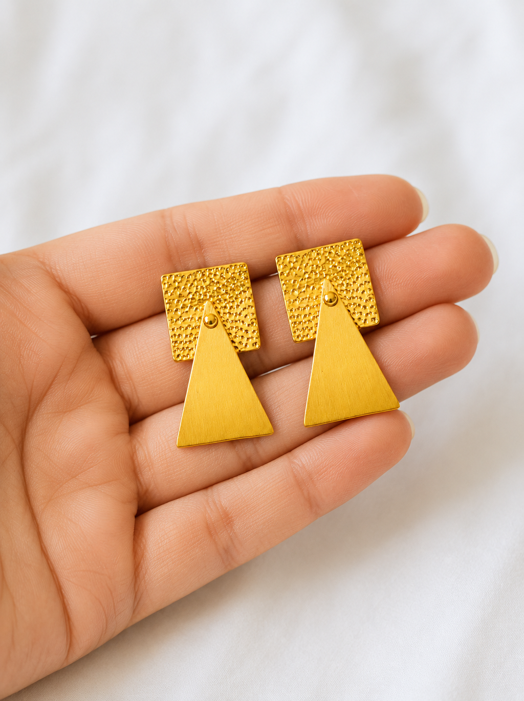 Minimalist Geometric Gold Earrings, Square & Triangle Dangle Earrings, Modern Matte Gold Stud Earrings, Handmade Statement Jewelry, Gift for Her