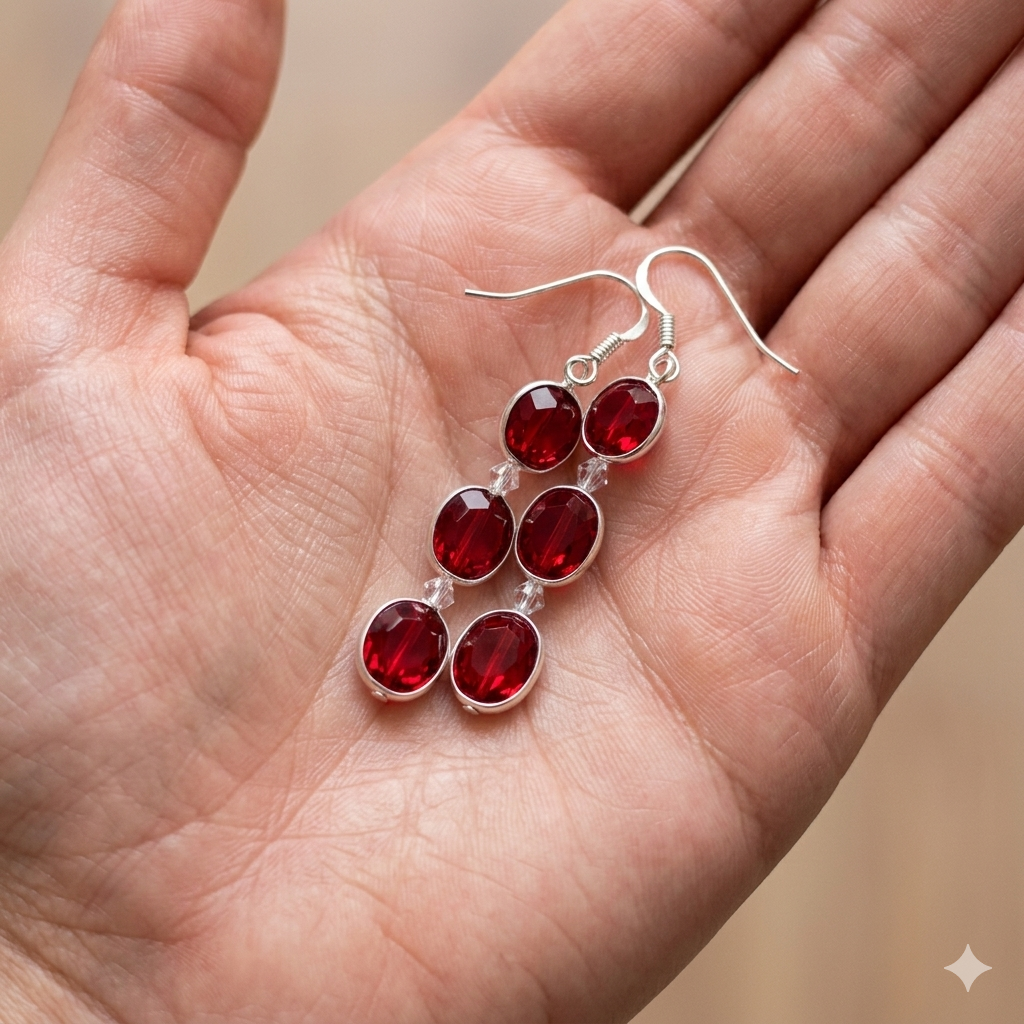 Luxury Handmade 925 Sterling Silver Red Crystal Dangle Earrings