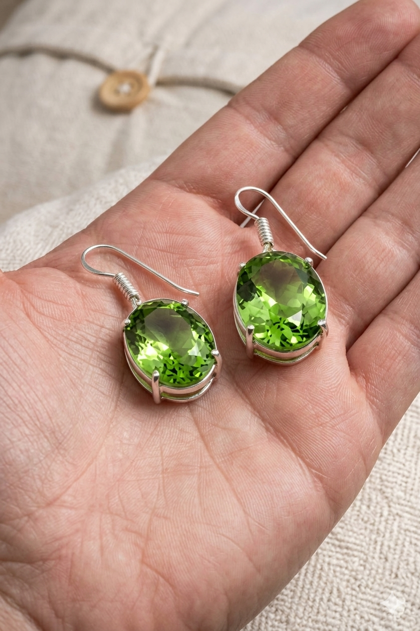Elegant Oval Peridot Sterling Silver Drop Earrings