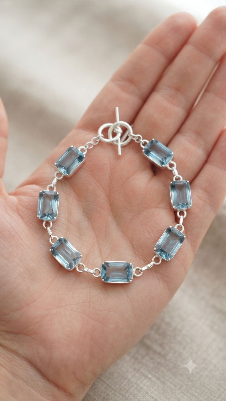 Handcrafted 925 Sterling Silver Blue Gemstone Link Bracelet – Luxury Artisan Jewelry