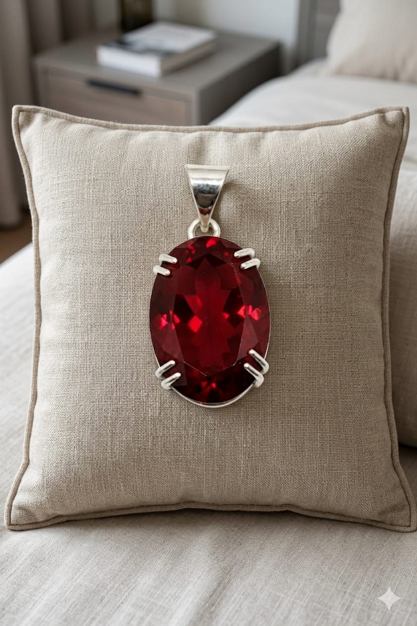 Elegant Oval Deep Red Gemstone Pendant in Polished Silver Setting