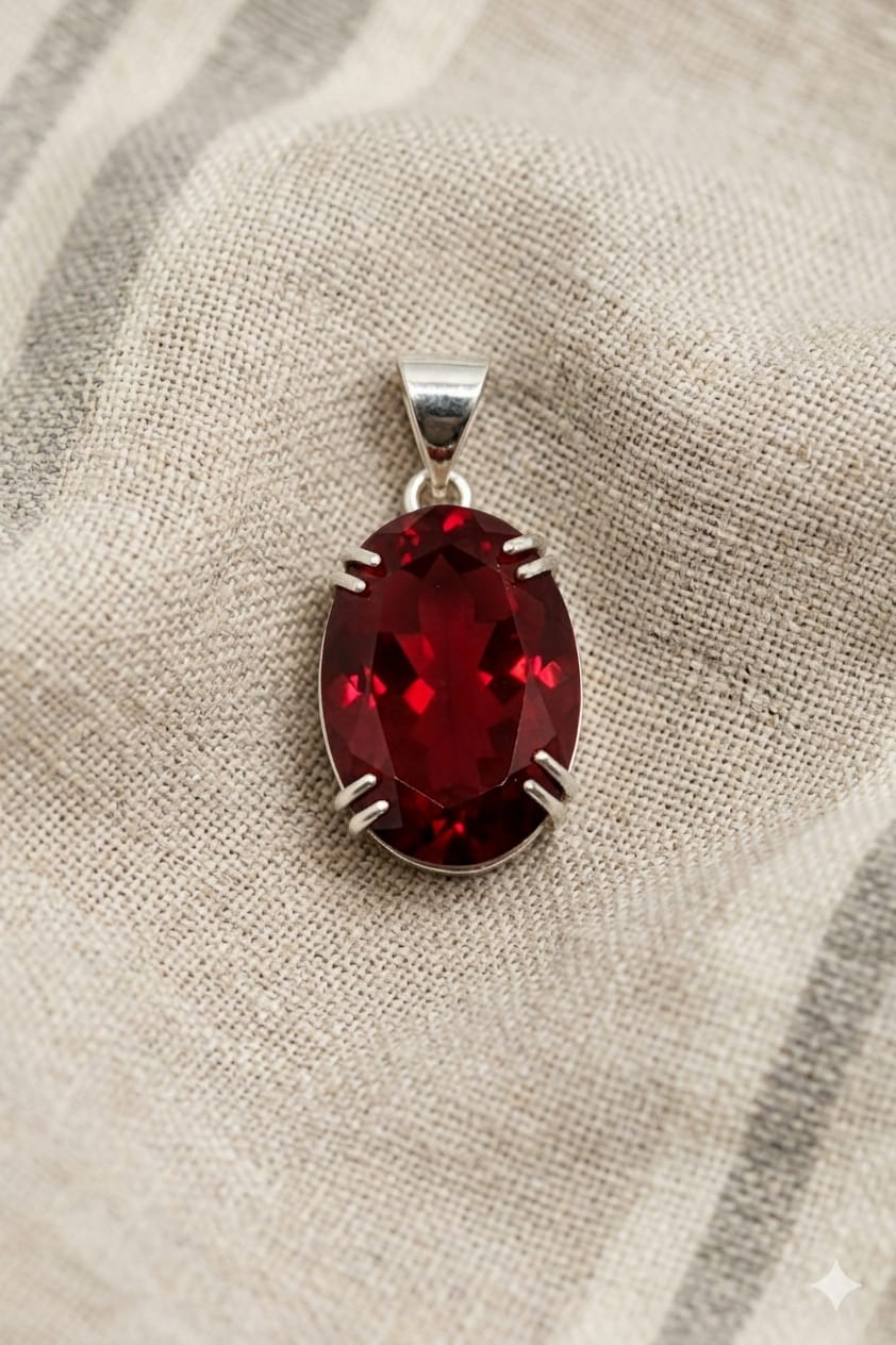 Elegant Oval Deep Red Gemstone Pendant in Polished Silver Setting