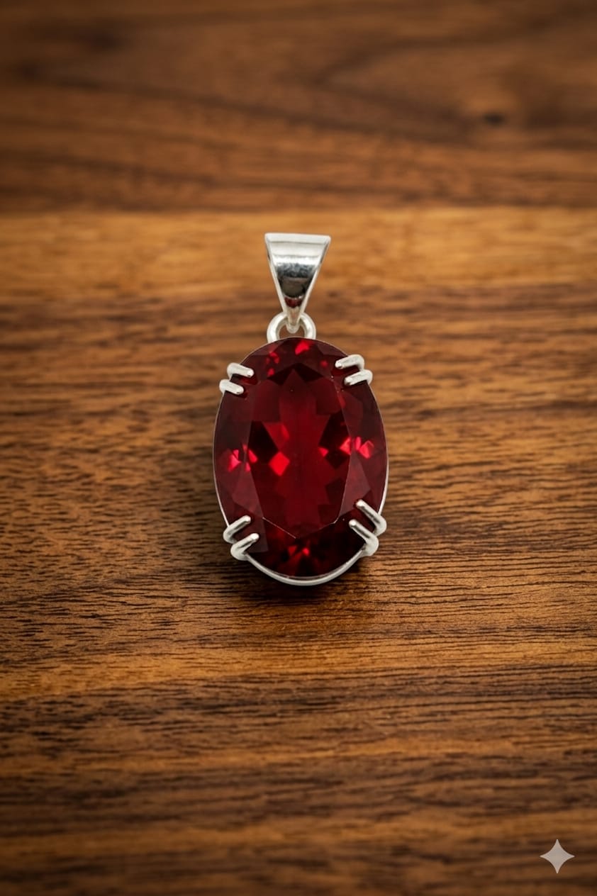 Elegant Oval Deep Red Gemstone Pendant in Polished Silver Setting