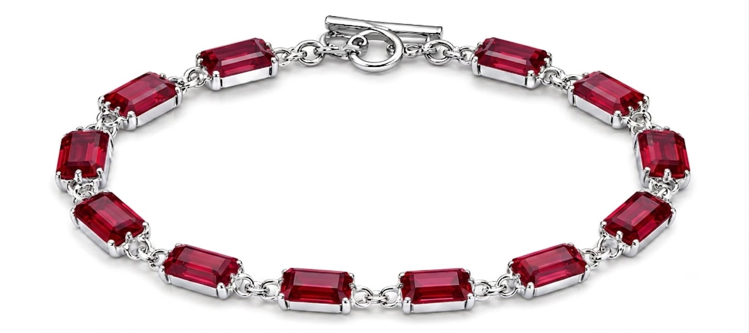 Luxury 925 Sterling Silver Bracelet with Red Baguette Stones, Handcrafted Elegant Jewelry