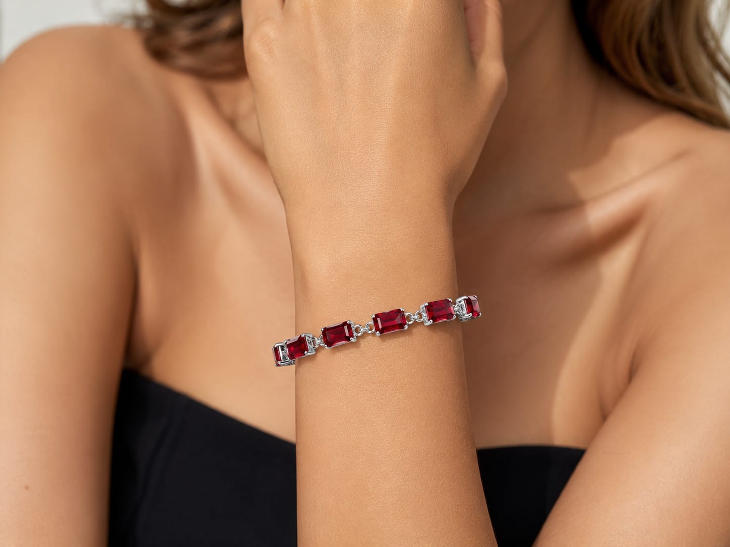 Luxury 925 Sterling Silver Bracelet with Red Baguette Stones, Handcrafted Elegant Jewelry