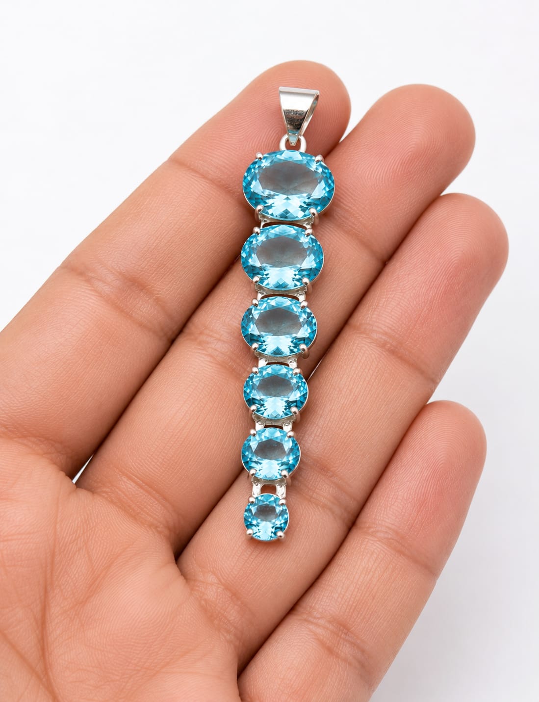 Blue Topaz Tennis Pendant Necklace, Sterling Silver Gemstone Pendant, December Birthstone Jewelry, Gift for Her