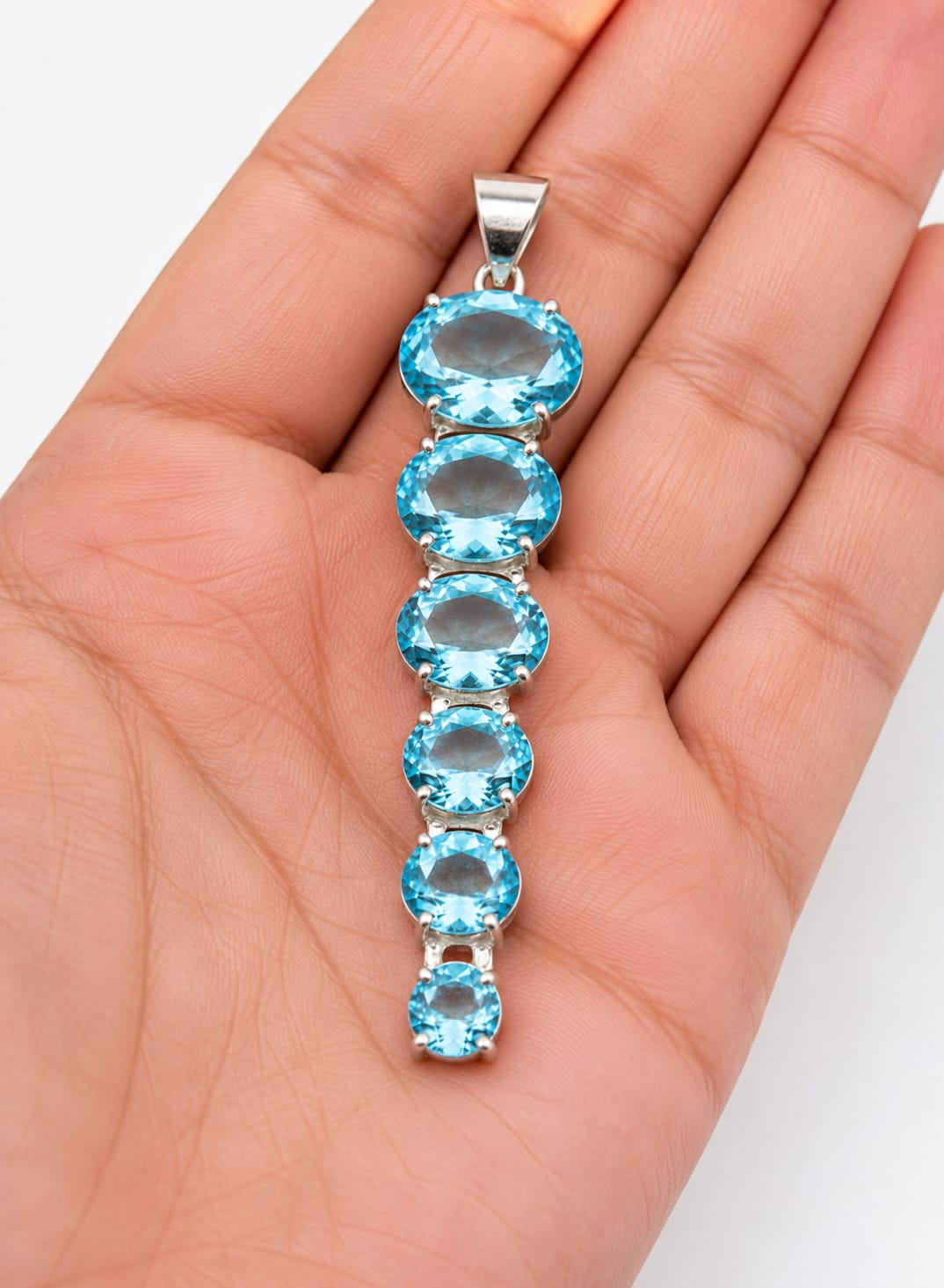 Blue Topaz Tennis Pendant Necklace, Sterling Silver Gemstone Pendant, December Birthstone Jewelry, Gift for Her