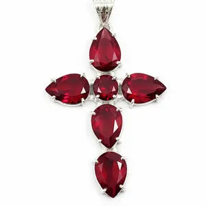 Red Pear Cut Gemstone Cross Pendant, Sterling Silver Faith Jewelry, Statement Necklace