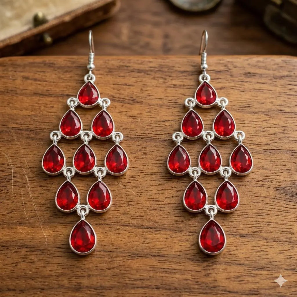 Luxury Ruby Red Chandelier Earrings, Genuine 925 Sterling Silver Dangle Earrings, Statement Bridal Jewelry, January Birthstone Gift for Her, Handmade