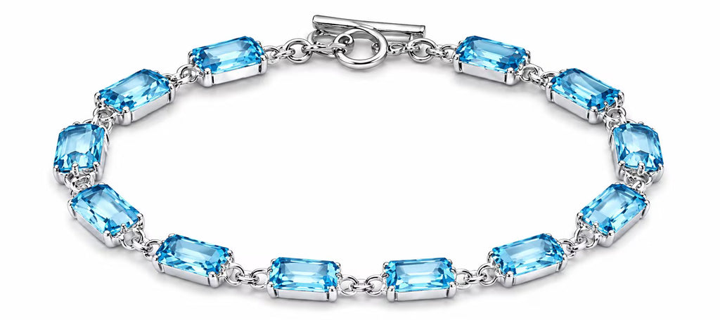 Premium Handcrafted Swiss Blue Topaz Bracelet, Genuine 925 Sterling Silver Bracelet, Emerald Cut Gemstone Tennis Bracelet, Luxury Gift for Her