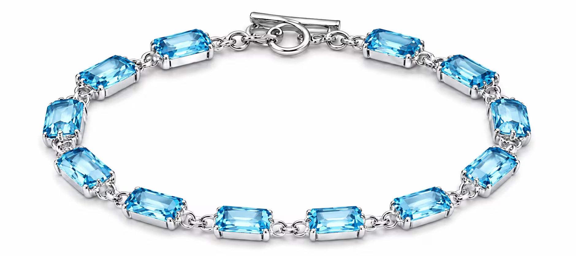 Premium Handcrafted Swiss Blue Topaz Bracelet, Genuine 925 Sterling Silver Bracelet, Emerald Cut Gemstone Tennis Bracelet, Luxury Gift for Her