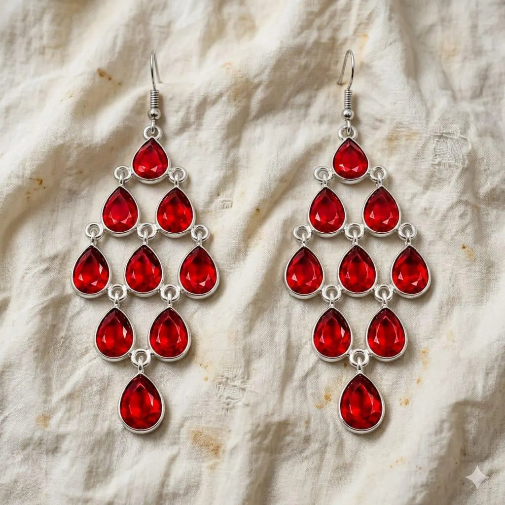 Luxury Ruby Red Chandelier Earrings, Genuine 925 Sterling Silver Dangle Earrings, Statement Bridal Jewelry, January Birthstone Gift for Her, Handmade