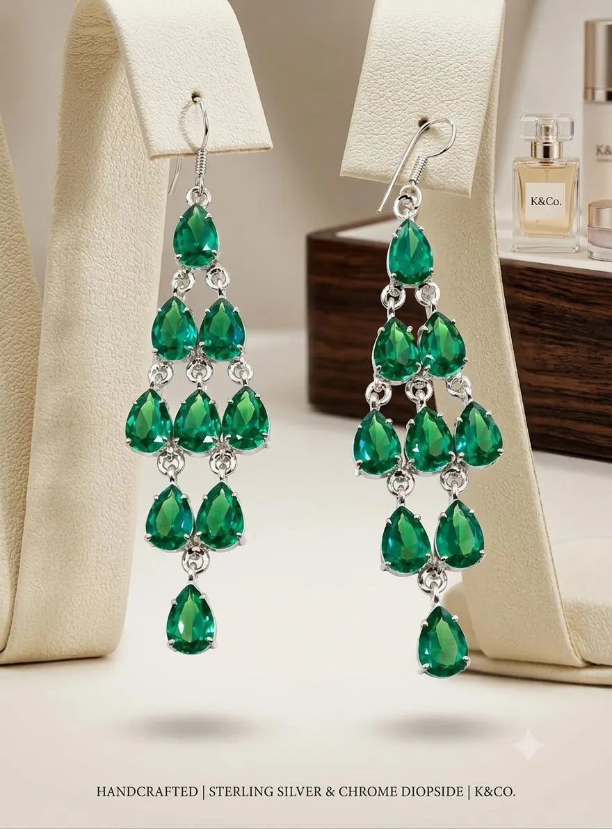 Emerald Green Chandelier Earrings, 925 Sterling Silver Dangle Earrings, Pear Cut Gemstone Earrings, Statement Bridal Jewelry, Gift for Her