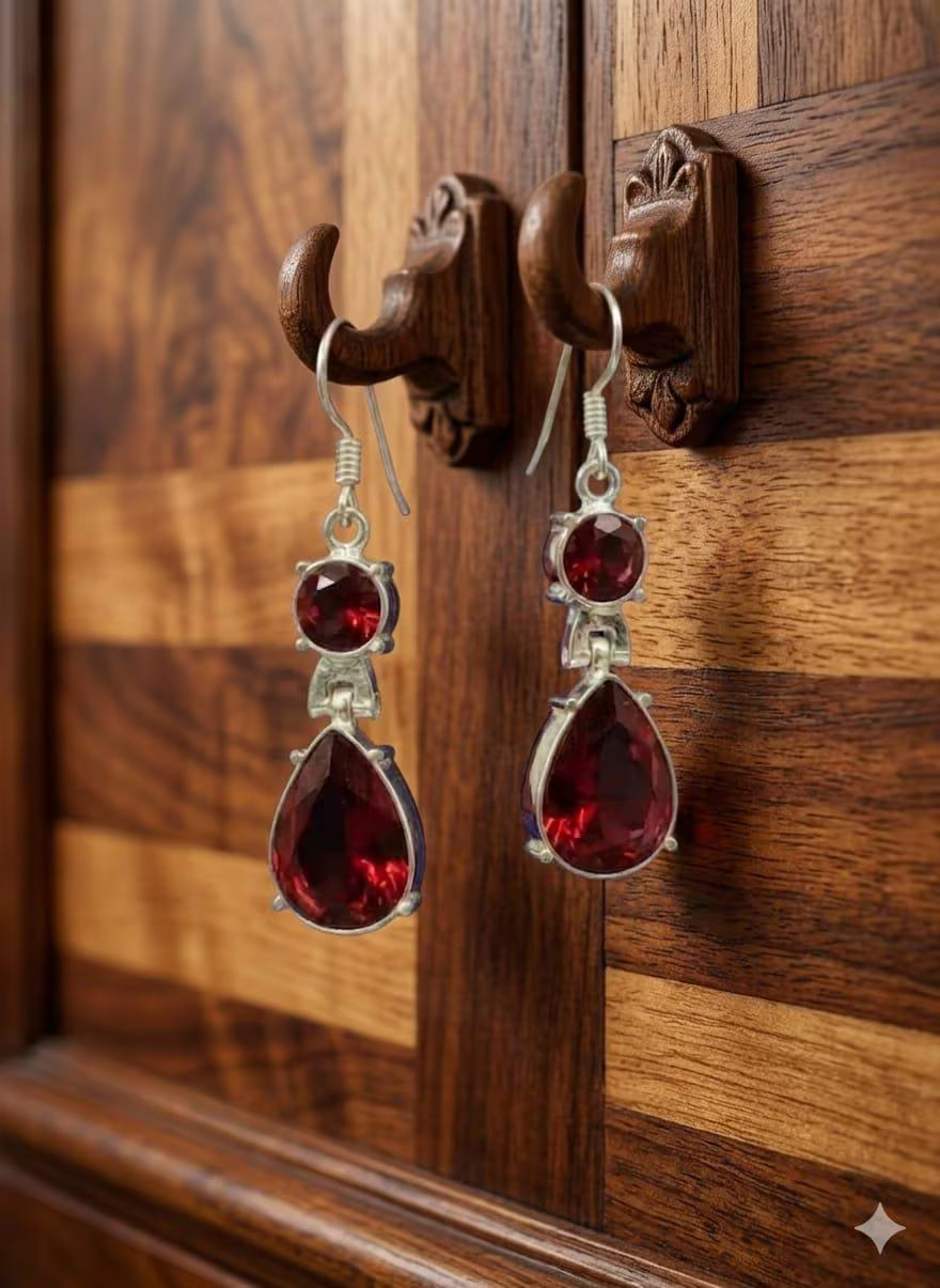 925 Sterling Silver Garnet Drop Earrings, Red Teardrop Dangle Earrings, January Birthstone Jewelry, Handmade Gift for Her