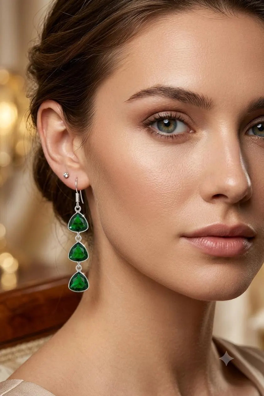Emerald Green Trillion Dangle Earrings, 925 Sterling Silver Drop Earrings, Handmade Gemstone Earrings, Bridal Jewelry Gift for Her, Statement Earrings