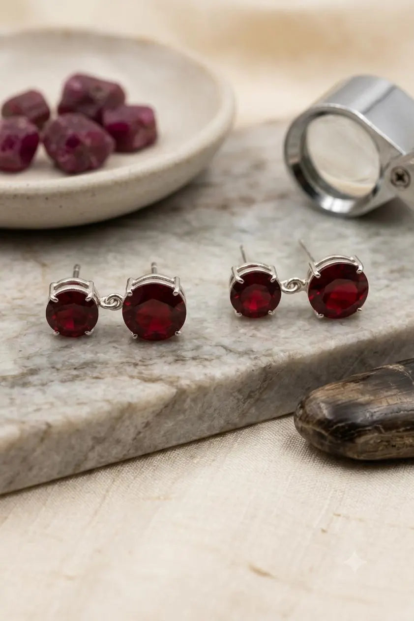Ruby Double Stud Earrings, 925 Sterling Silver Earrings, Red Gemstone Earrings, Handmade Dangle Studs, Minimalist Jewelry, Gift for Her, July Birthstone