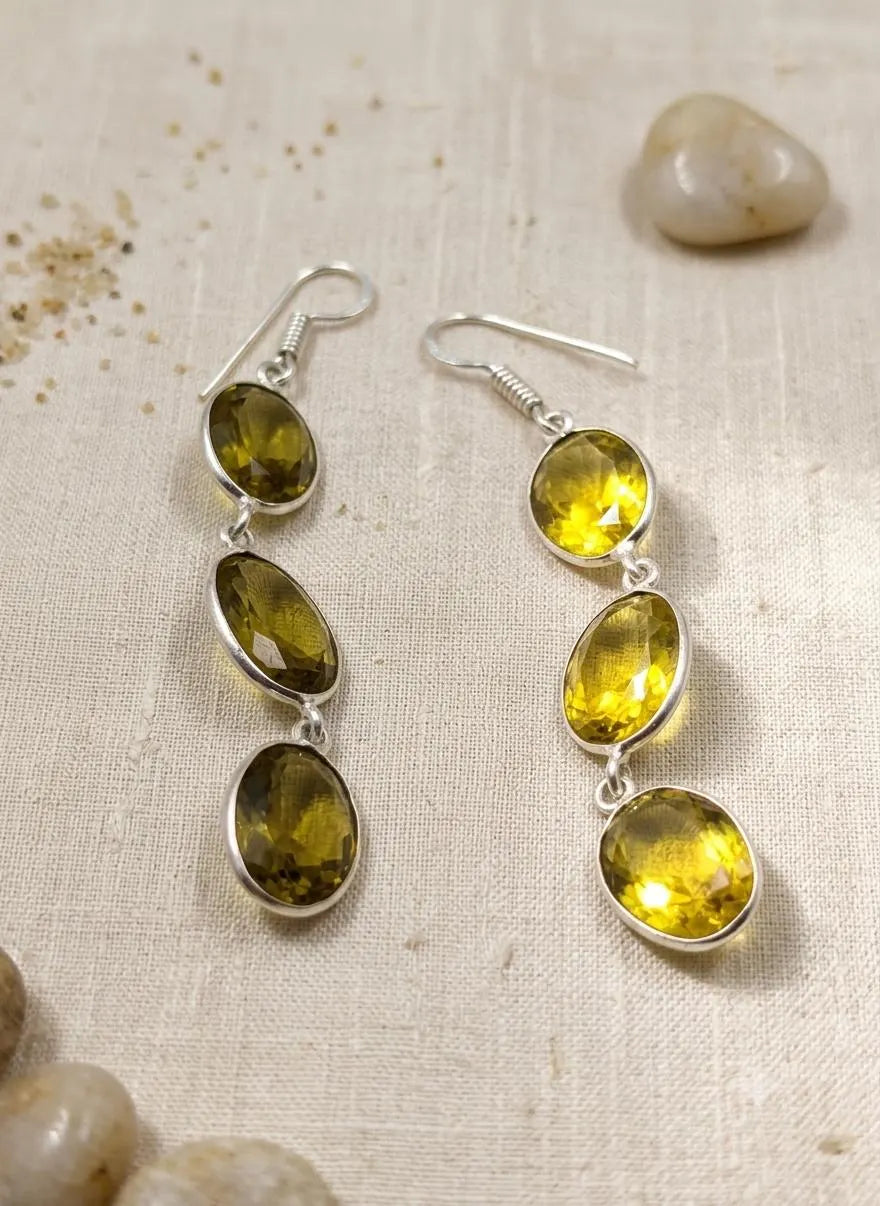 Genuine Handicrafted 925 Sterling Silver Triple Yellow Stone Dangle Earrings