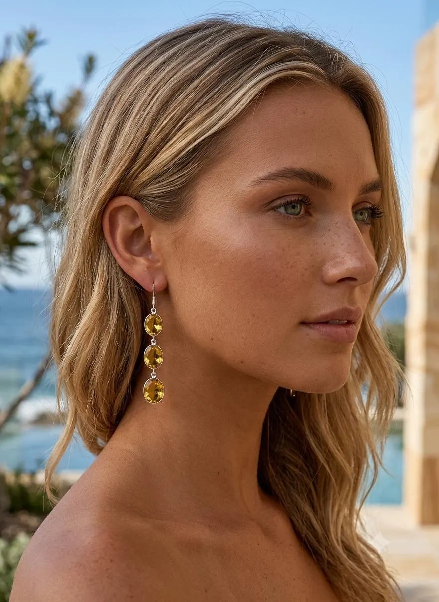 Genuine Handicrafted 925 Sterling Silver Triple Yellow Stone Dangle Earrings