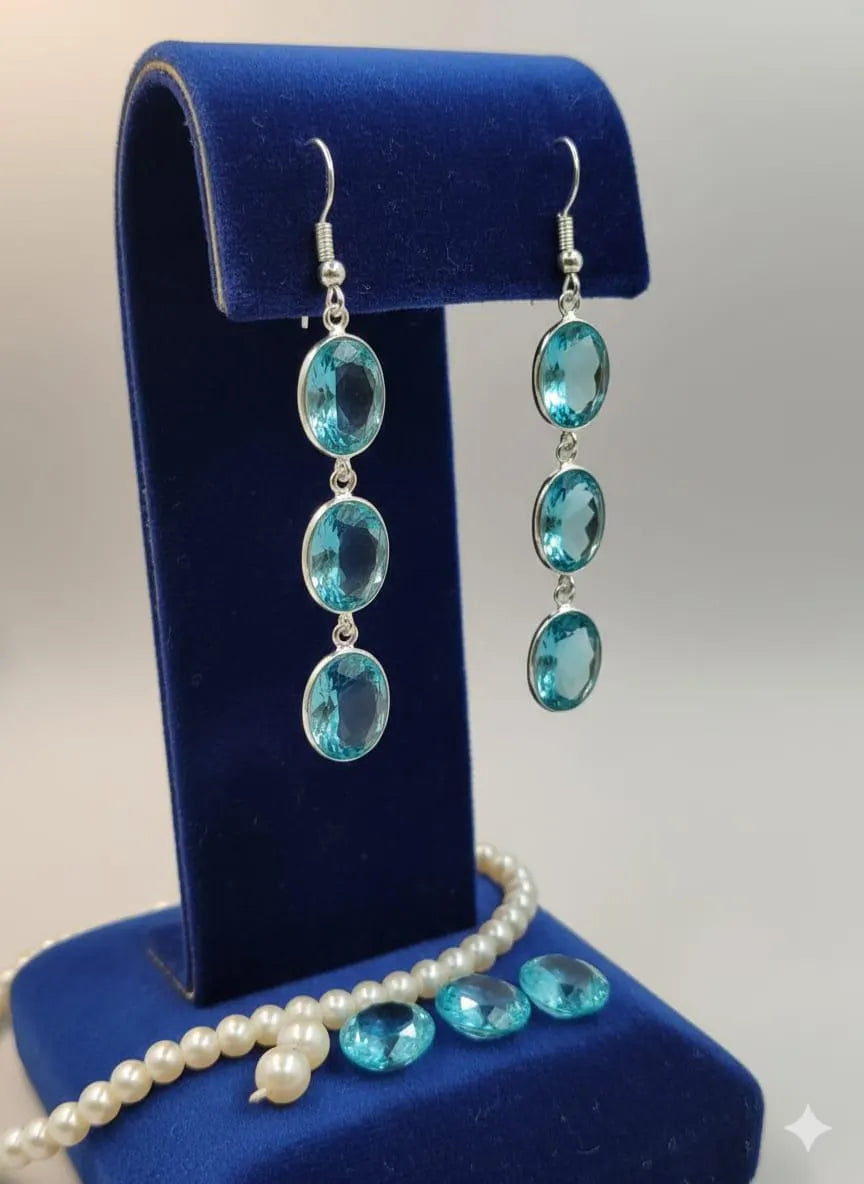 Blue Topaz Dangle Earrings, 925 Sterling Silver Earrings, Triple Oval Gemstone Earrings, Handmade Drop Earrings, December Birthstone Gift for Her, Bridal Jewelry
