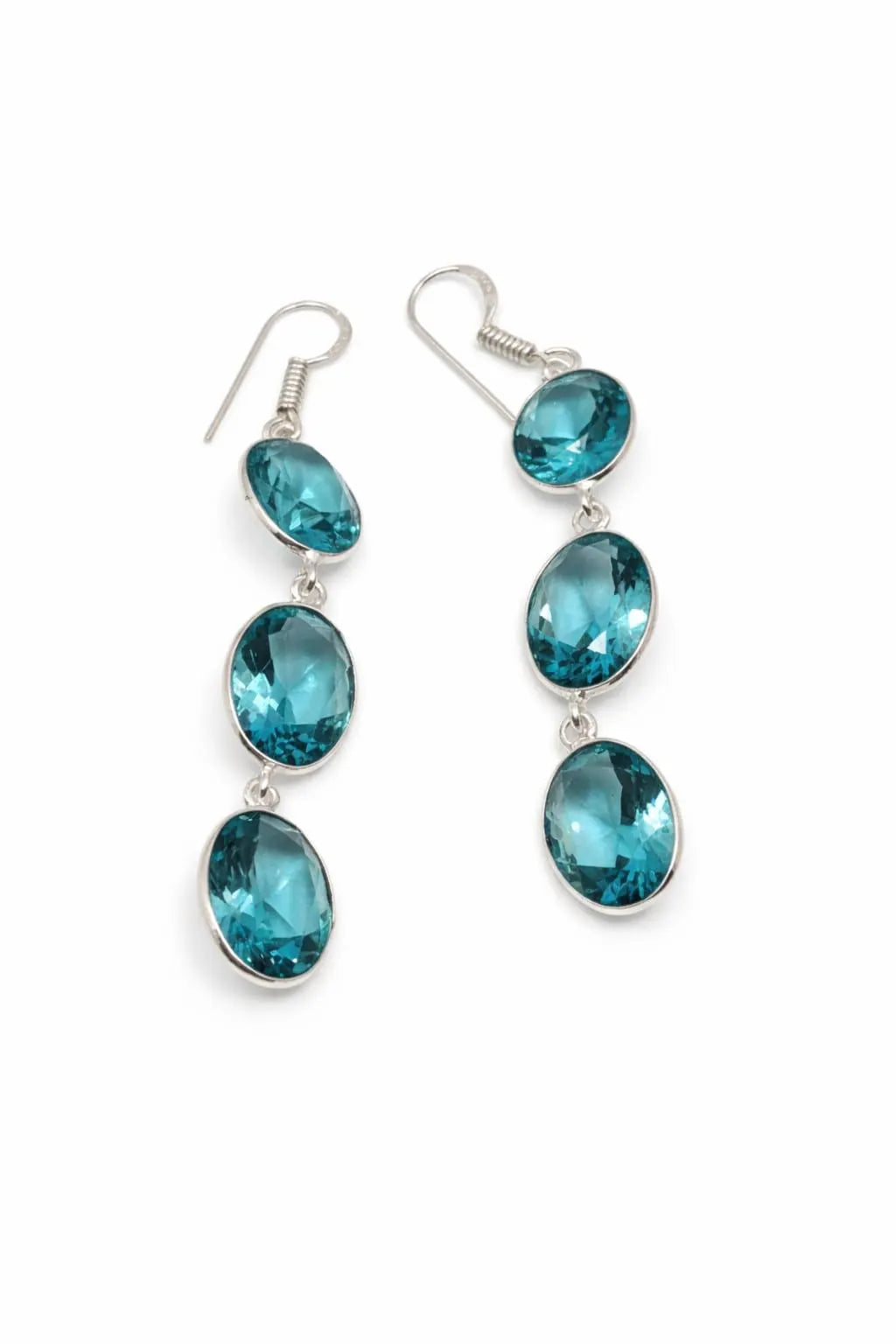 Blue Topaz Dangle Earrings, 925 Sterling Silver Earrings, Triple Oval Gemstone Earrings, Handmade Drop Earrings, December Birthstone Gift for Her, Bridal Jewelry