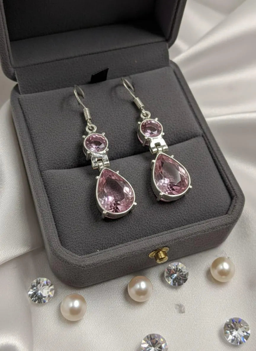 Premium Luxury 925 Sterling Silver Pink Crystal Drop Earrings | Handmade Artisan Jewelry | Elegant Statement Earrings for Women | Gift for Her