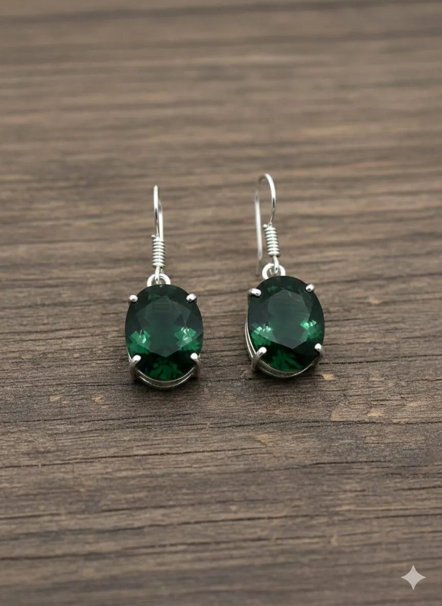 Premium Handcrafted Luxury Genuine 925 Sterling Silver Emerald Green Crystal Dangle Earrings