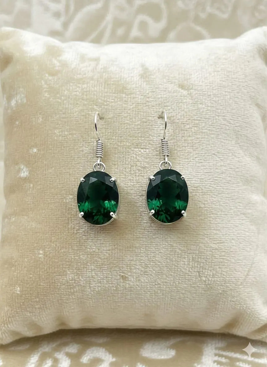 Premium Handcrafted Luxury Genuine 925 Sterling Silver Emerald Green Crystal Dangle Earrings