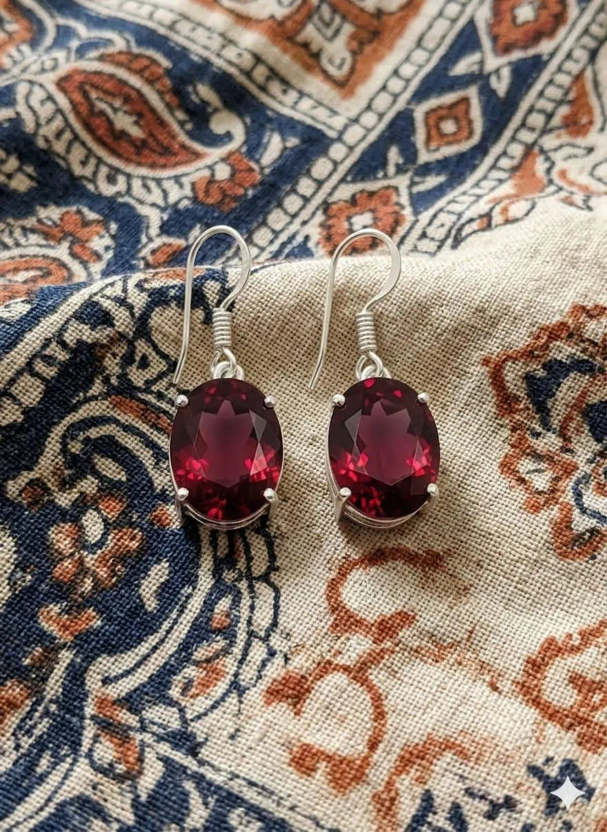 Handcrafted 925 Sterling Silver Garnet Earrings | Luxury Red Gemstone Dangle Earrings