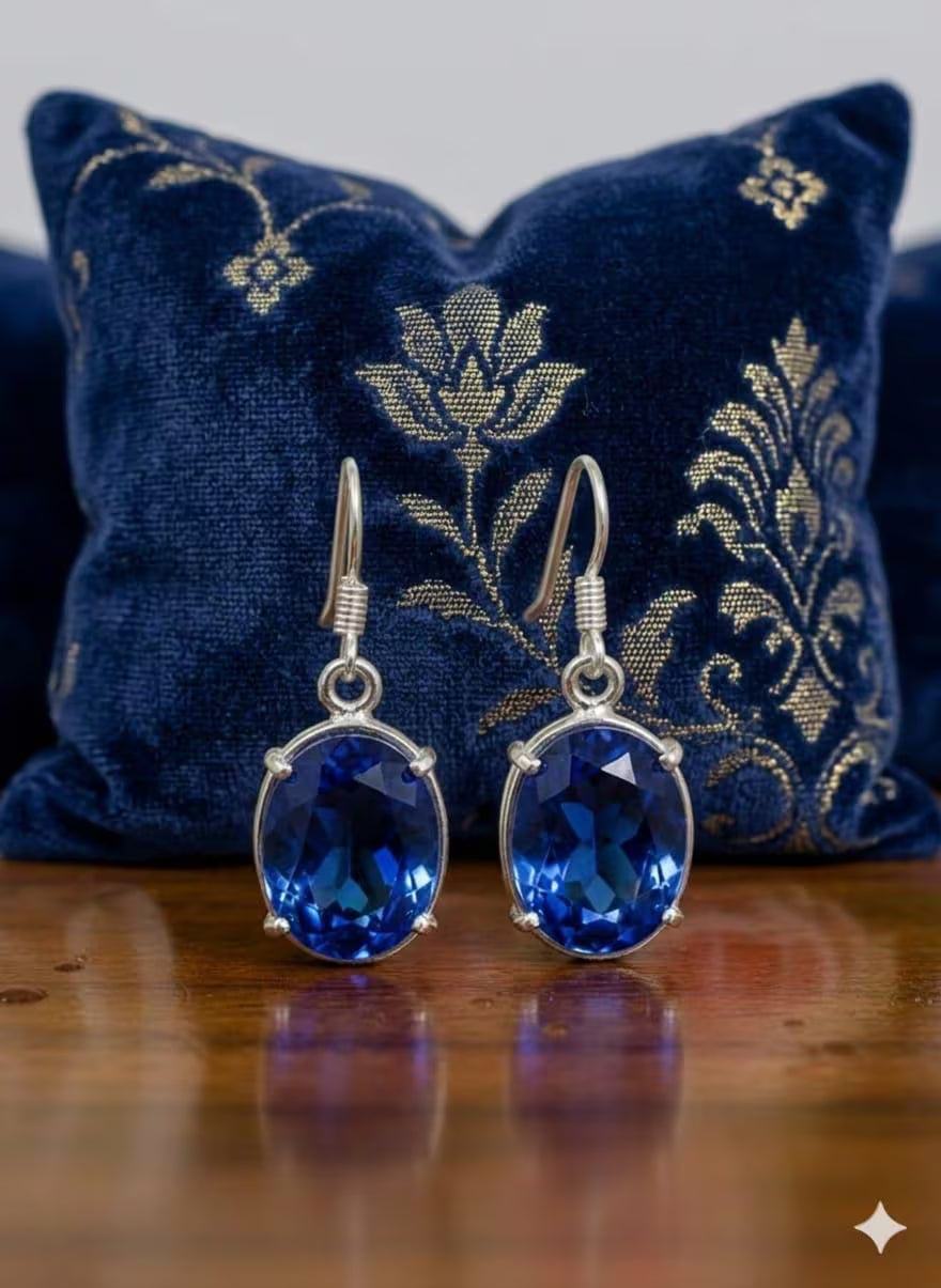 Handcrafted 925 Sterling Silver Blue Sapphire Crystal Dangle Earrings | Luxury Gift for Women