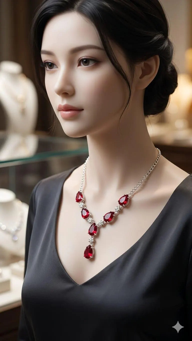 Elegant Teardrop Ruby Red Crystal Statement Necklace