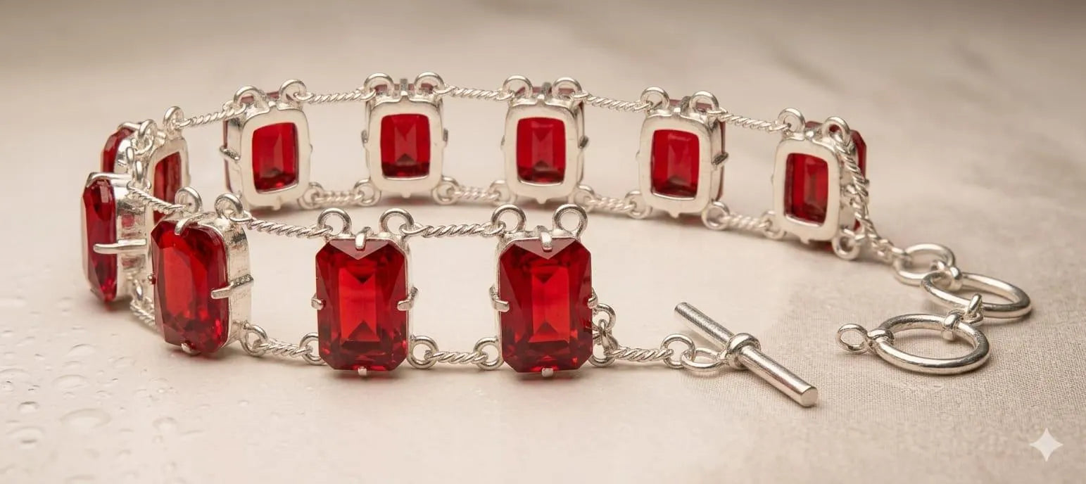 Handmade Luxury 925 Silver Bracelet – Elegant Rectangular Red Stone Designer Jewelry
