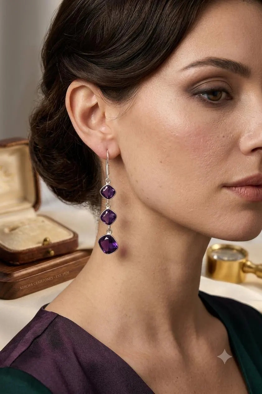 Premium Handcrafted Luxury Genuine 925 Sterling Silver Amethyst Dangle Earrings – Elegant Purple Gemstone Drop Earrings for Women