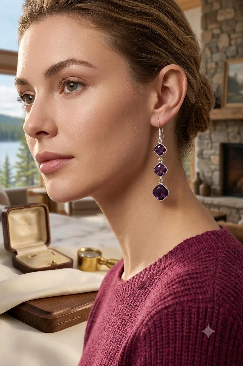 Premium Handcrafted Luxury Genuine 925 Sterling Silver Amethyst Dangle Earrings – Elegant Purple Gemstone Drop Earrings for Women