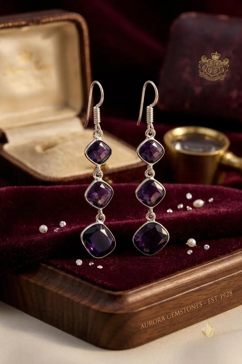 Premium Handcrafted Luxury Genuine 925 Sterling Silver Amethyst Dangle Earrings – Elegant Purple Gemstone Drop Earrings for Women