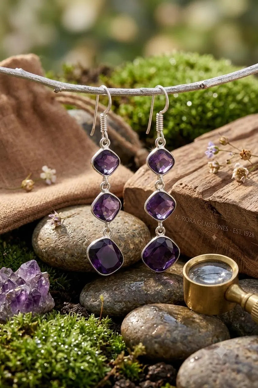Premium Handcrafted Luxury Genuine 925 Sterling Silver Amethyst Dangle Earrings – Elegant Purple Gemstone Drop Earrings for Women