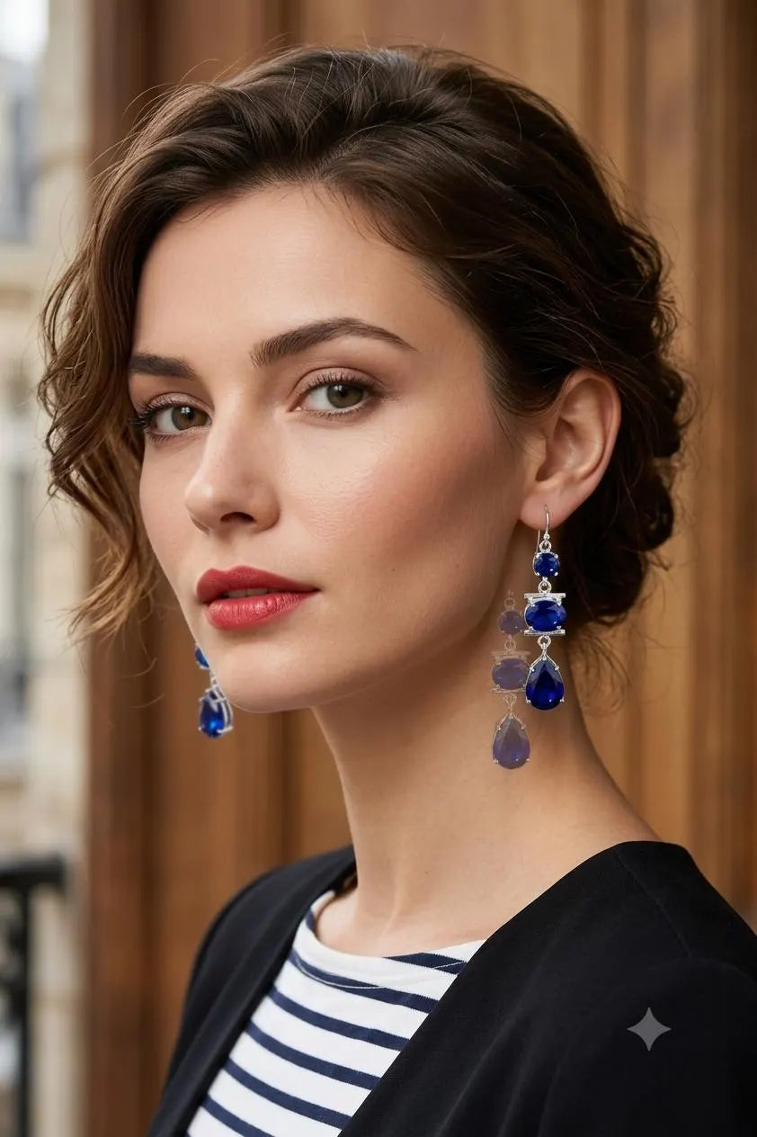 Blue Sapphire Drop Earrings, 925 Sterling Silver Dangle Earrings, Three Stone Earrings, September Birthstone Jewelry, Handmade Gift for Her