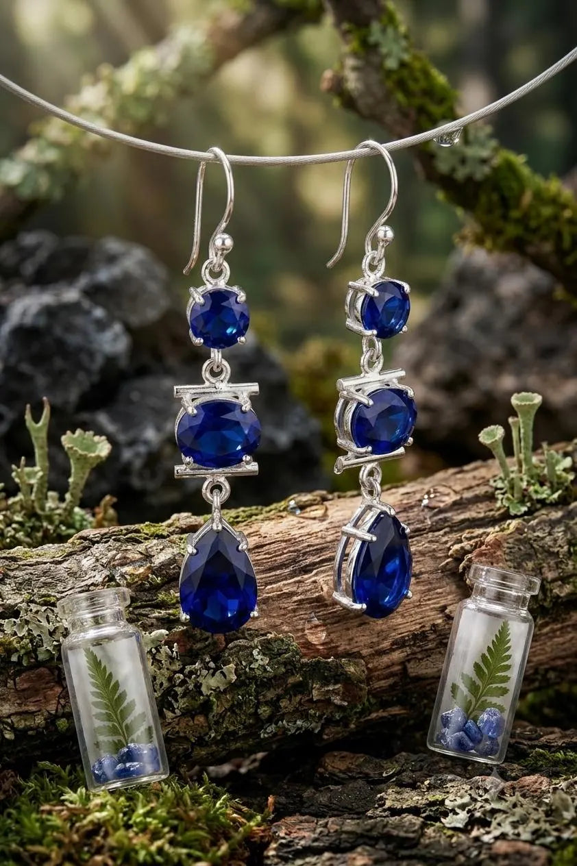 Blue Sapphire Drop Earrings, 925 Sterling Silver Dangle Earrings, Three Stone Earrings, September Birthstone Jewelry, Handmade Gift for Her