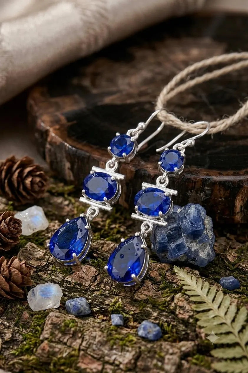 Blue Sapphire Drop Earrings, 925 Sterling Silver Dangle Earrings, Three Stone Earrings, September Birthstone Jewelry, Handmade Gift for Her