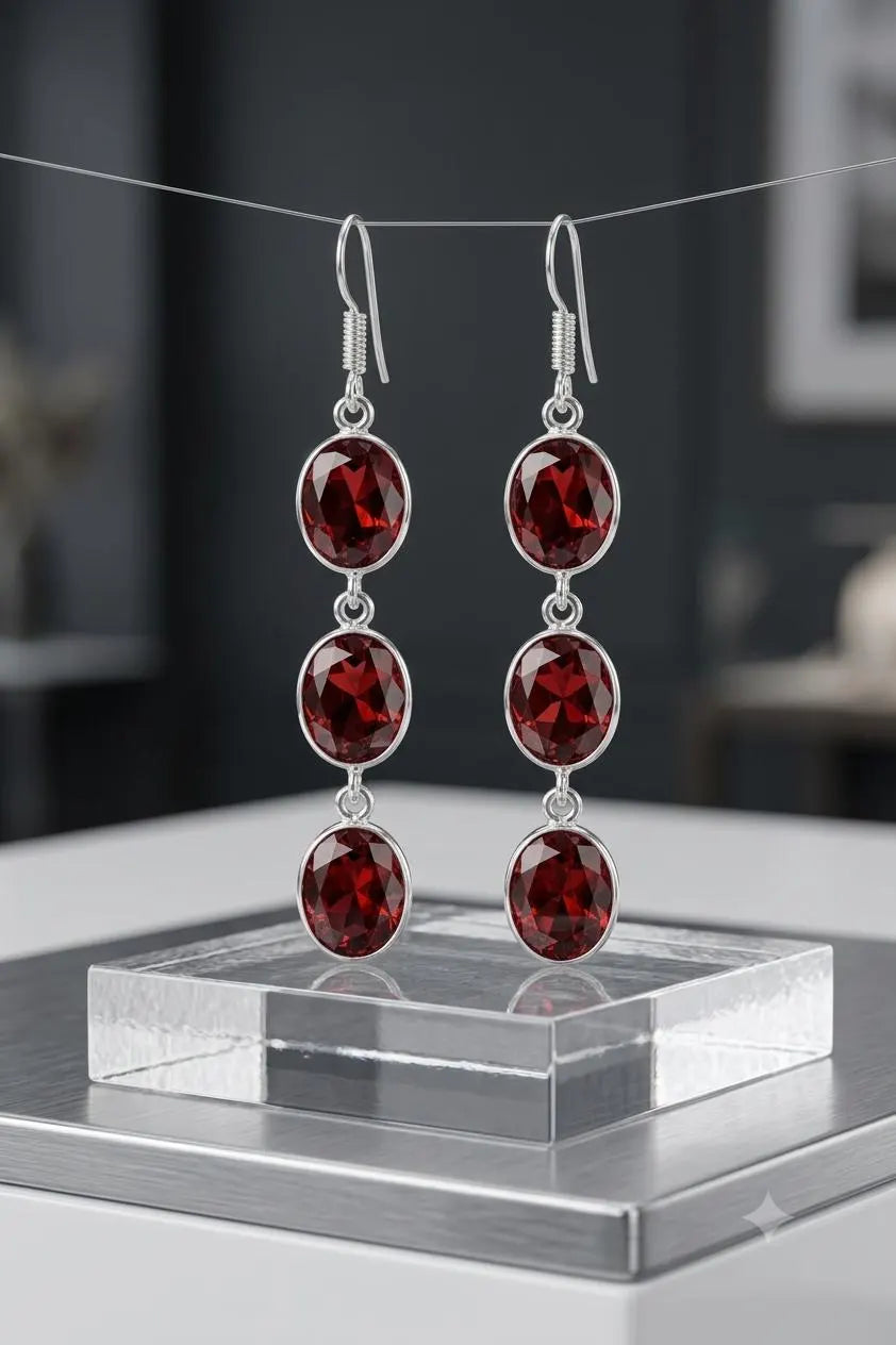 Luxury Handmade 925 Sterling Silver Red Crystal Dangle Earrings