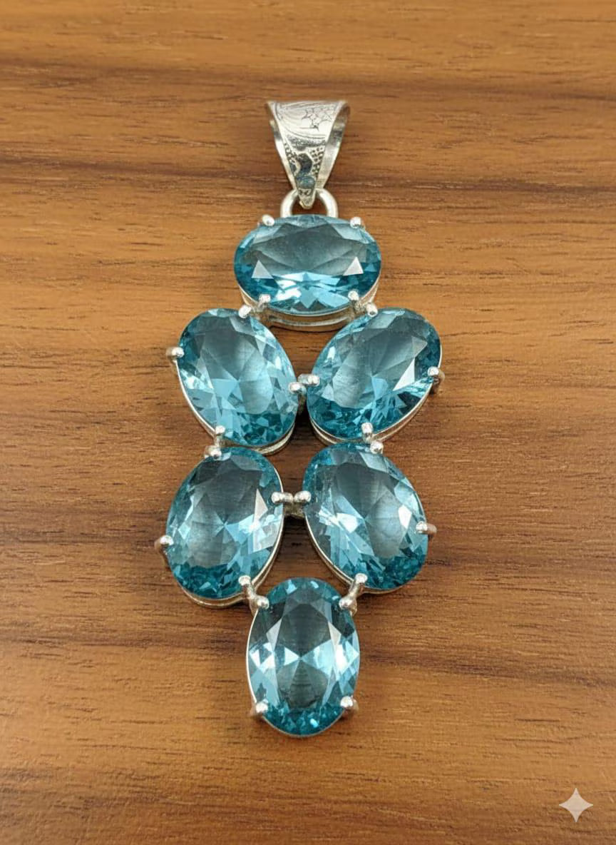 Luxury Minimalist 925 Silver Pendant, Handcrafted Artisan Jewelry with Faceted Blue Stones