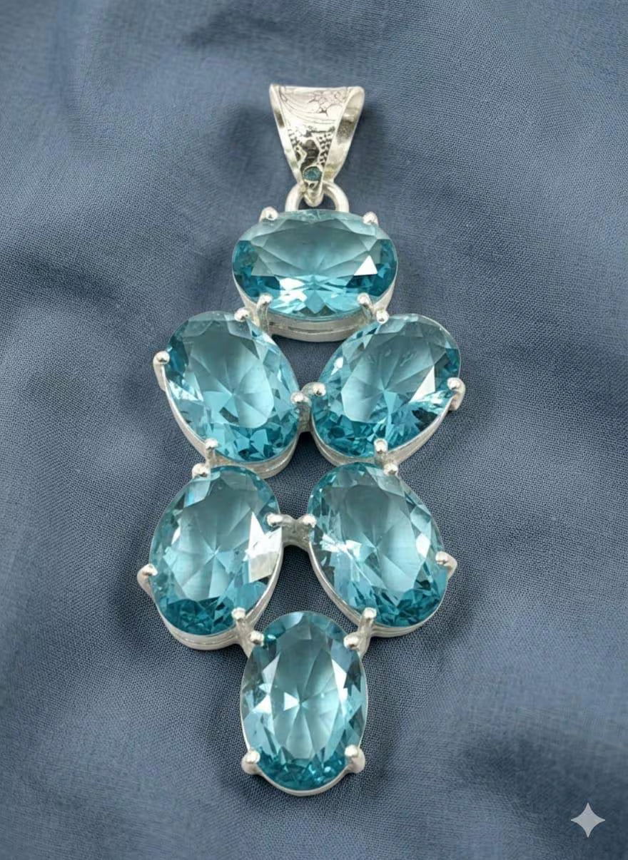 Luxury Minimalist 925 Silver Pendant, Handcrafted Artisan Jewelry with Faceted Blue Stones