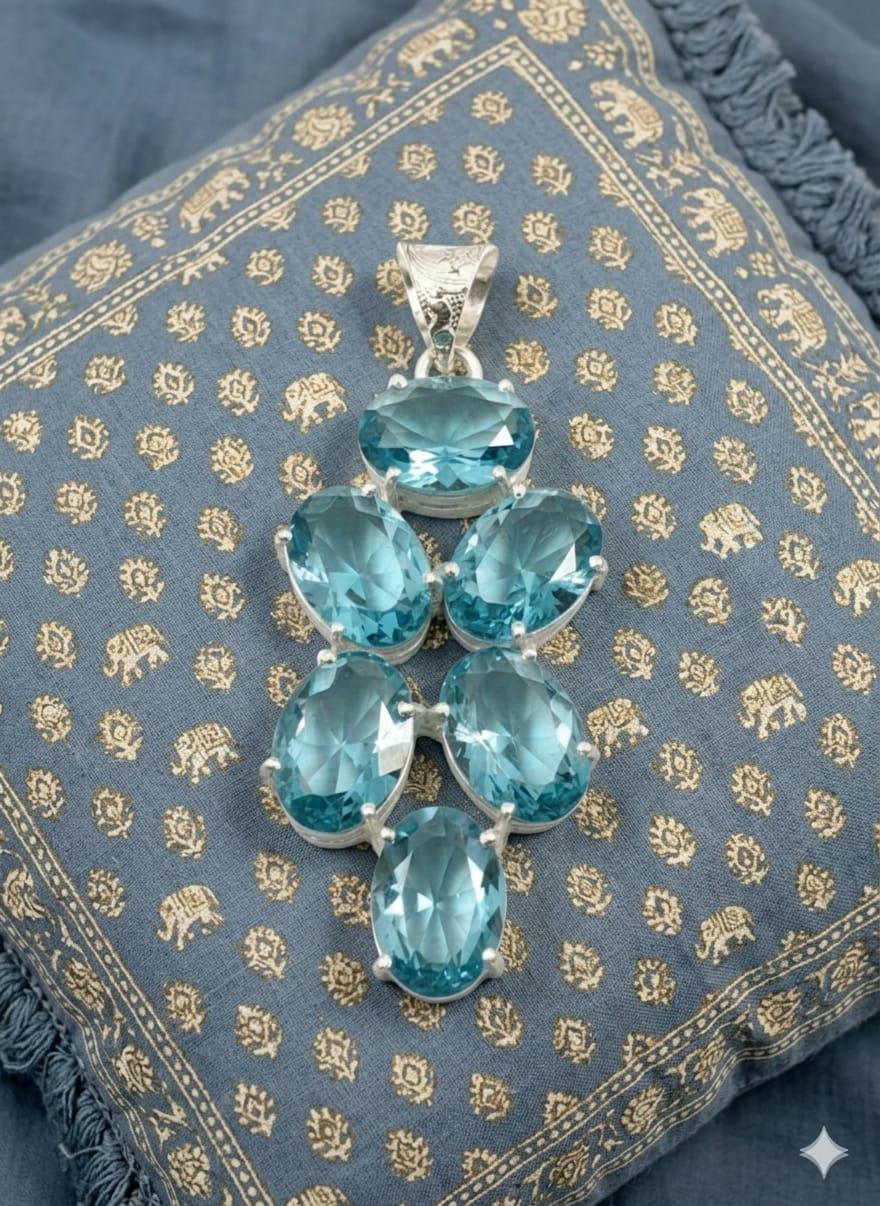Luxury Minimalist 925 Silver Pendant, Handcrafted Artisan Jewelry with Faceted Blue Stones