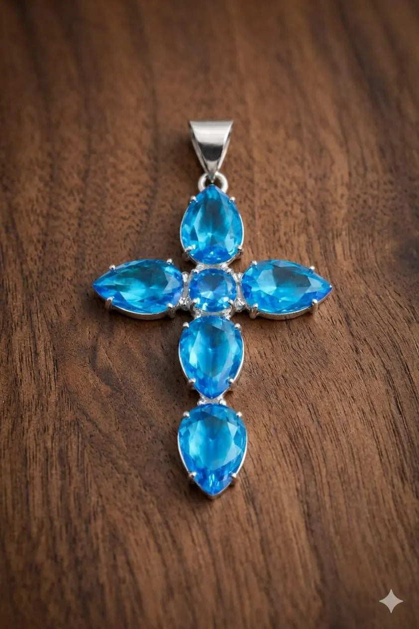 "Handcrafted 925 Sterling Silver Cross Pendant with Pear-Cut Blue Gemstones – Luxury Statement Necklace"